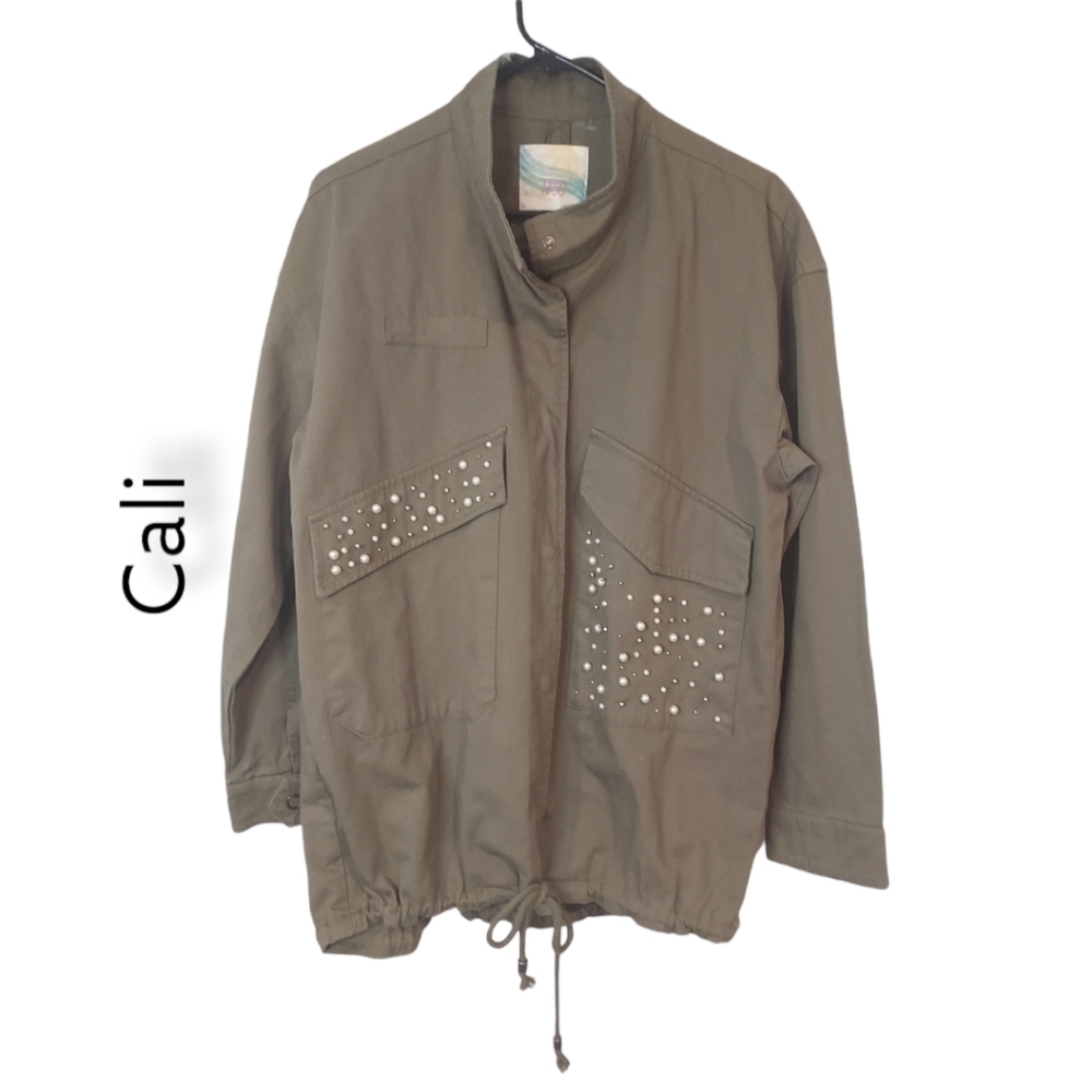 CALI 1850 Military Zara fatigue olive green oversize pearl detail jacket… - Picture 2 of 15
